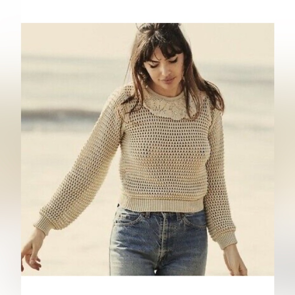 Doen Size Large Talia Knit Pima Cotton Sweater in Chile with Crochet Lace Collar - Picture 4 of 15